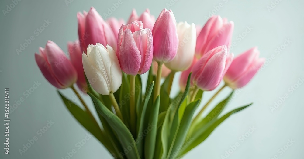 Bouquet Of Pink And White Tulips In Vase With Soft Blue Background Bouquet Of Pink And White Tulips In Vase With Soft Blue Background