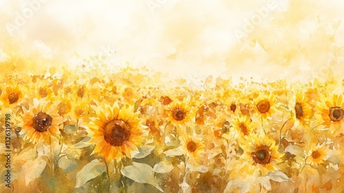 Vibrant watercolor depiction of a sunflower field in spring highlighting the beauty of nature's abstract artistry