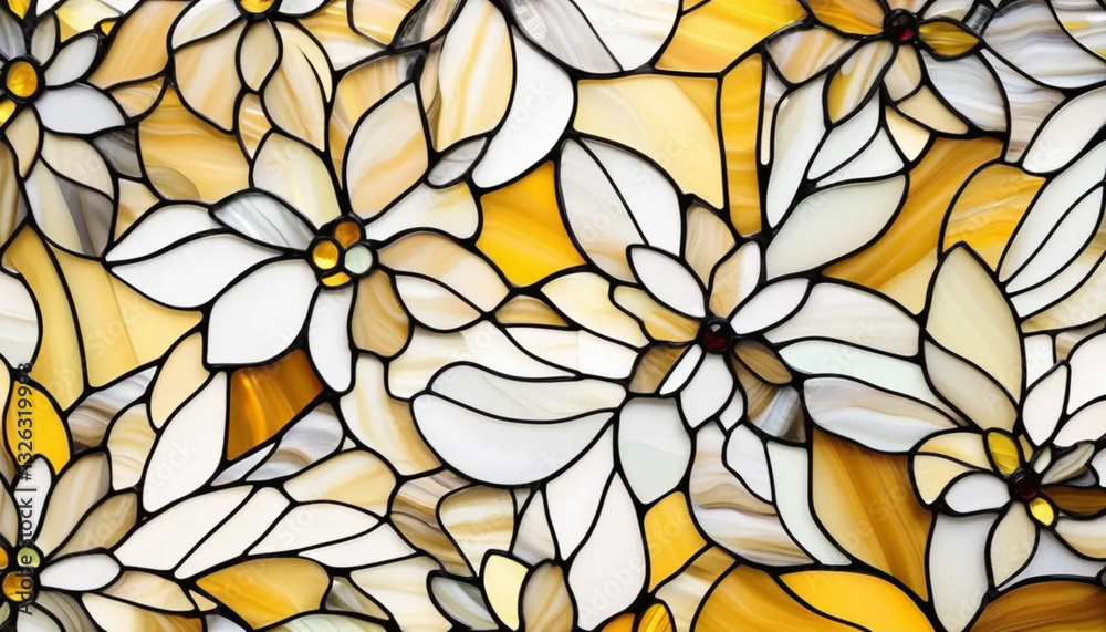 Yellow stained glass flowers as a background.