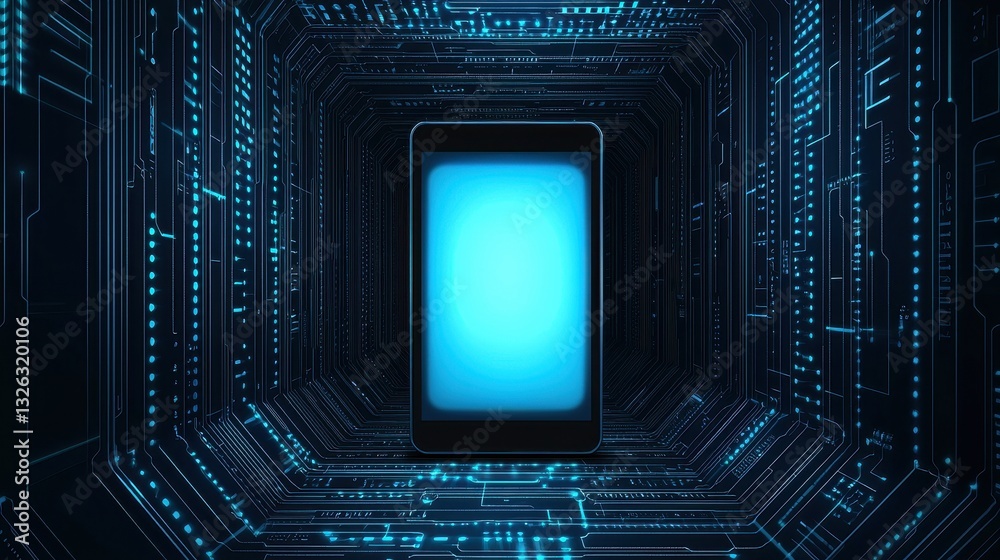 Fototapeta premium Futuristic Smartphone in Neon Circuitry Tunnel with Blue Glow