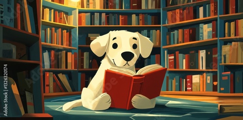 A friendly white dog sits reading inside a library building
