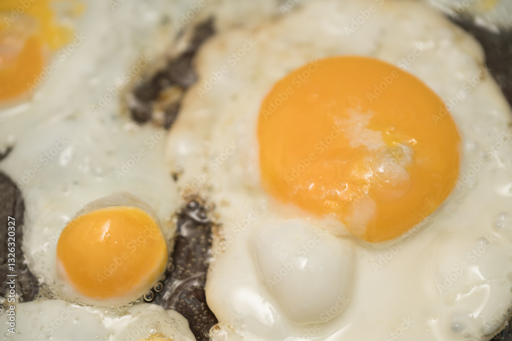 Chicken egg and 9 quail eggs in frying pan. Chicken egg and 9 quail eggs in frying pan.