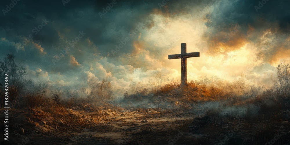 Fototapeta premium Cross illuminated by dramatic sky at twilight over a rugged terrain creating a spiritual atmosphere