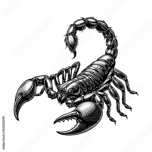 Scorpion engraving black and white outline. Scratch board imitation.  illustrated in vintage line art style on a white background.
