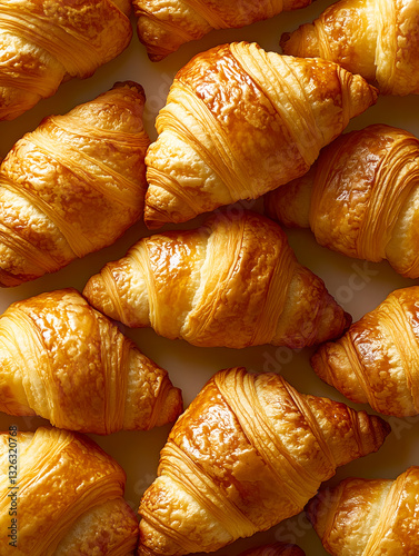 Golden brown croissants close-up, flaky pastry, buttery texture, French breakfast, bakery goods, food photography, gourmet pastries, delicious treats, warm tones, appetizing display