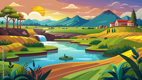 a serene lake surrounded by farmland, with runoff from crops polluting the water, created with