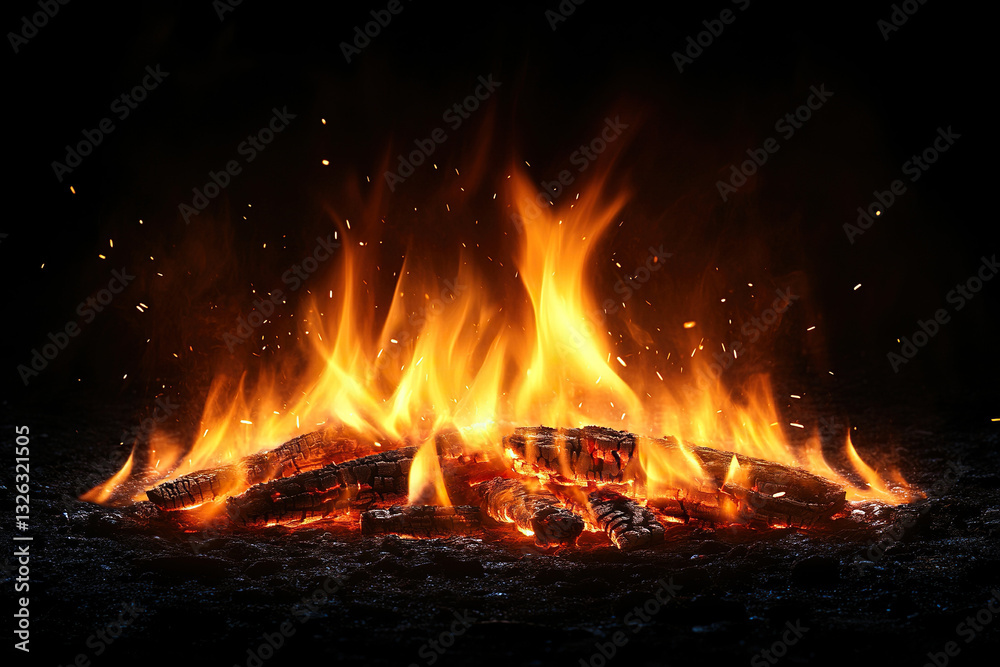 The fire burns with a dim flame against a dark background. Generated by artificial intelligence The fire burns with a dim flame against a dark background. Generated by artificial intelligence
