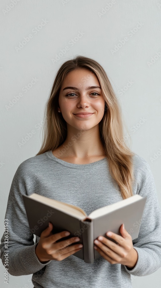 Young woman reading a book while smiling against a plain background in a bright indoor space during daytime Young woman reading a book while smiling against a plain background in a bright indoor space during daytime