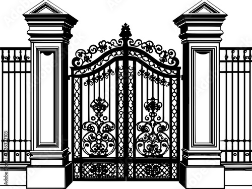 SVG vector features wrought iron gates and gate pillar combinations. Ornate Decorative Gate with Pillars in Black and White Design