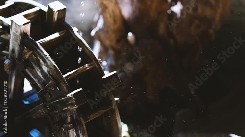 Closeup slow-motion of water droplets falling on Ancient Wooden Waterwheel on Shimanto Riverside
