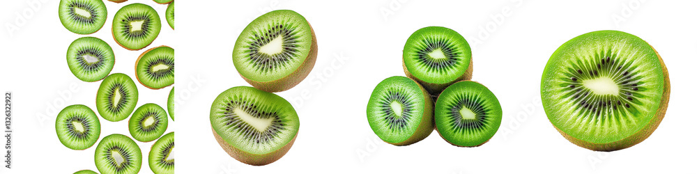 Fototapeta premium Fresh kiwi slices showcasing vibrant green flesh and tiny black seeds with a fuzzy brown exterior.