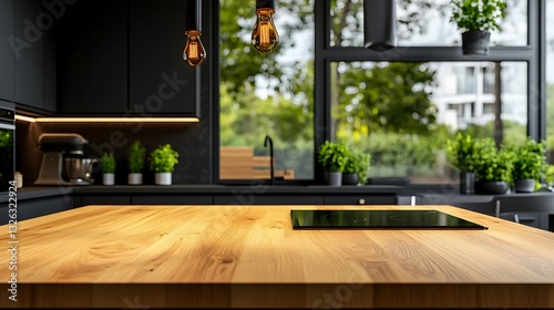 Modern Kitchen Island: Warm Wood Countertop, Daylight View AI Generated