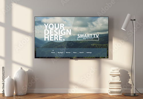 Smart Tv screen Mockup hanging above wooden floor with lamp in living room