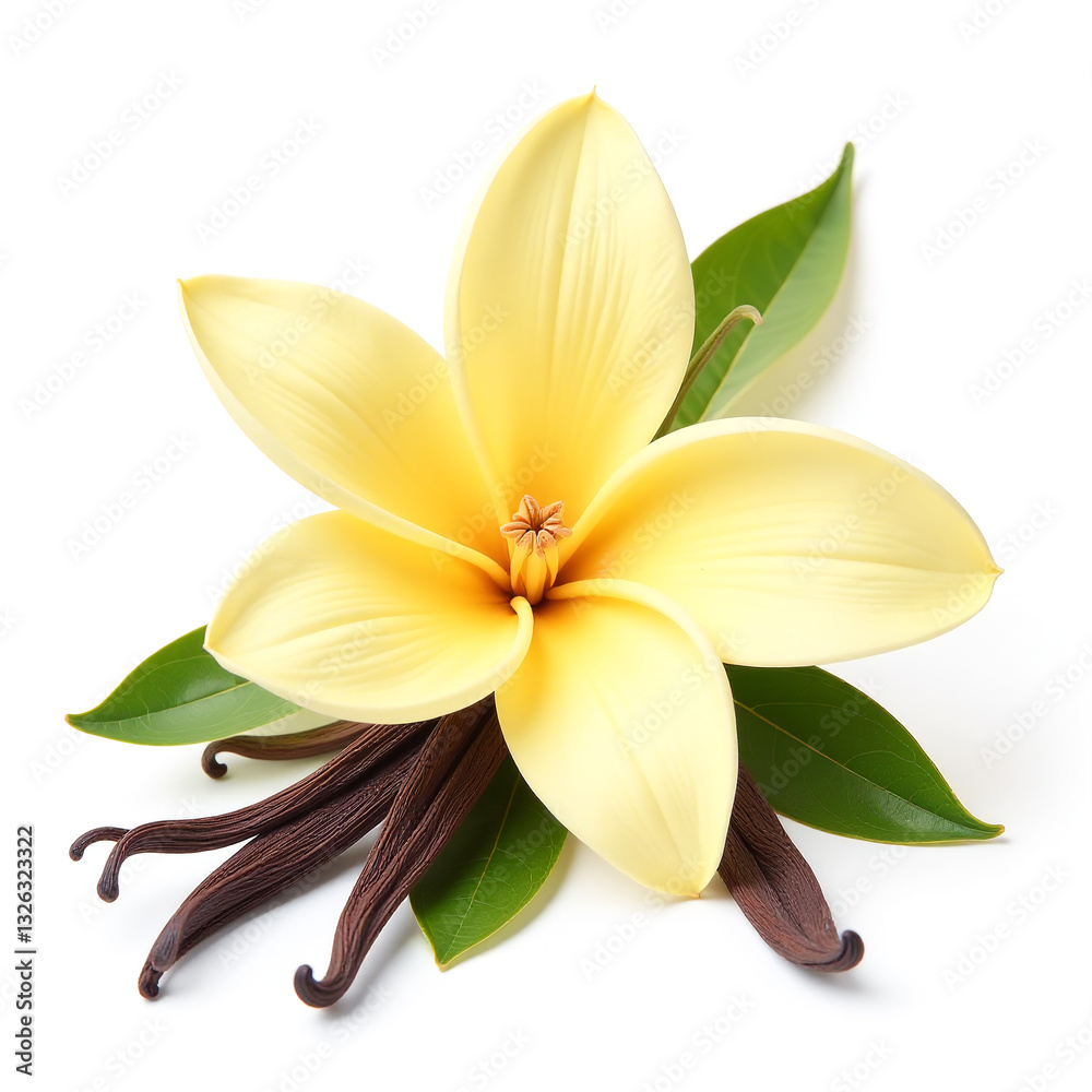 Obraz premium Vanilla flower with pods, rich brown texture, soft petals, green leaves, isolated background