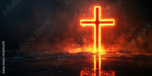 Bright glowing cross shining in foggy atmosphere over dark water at night