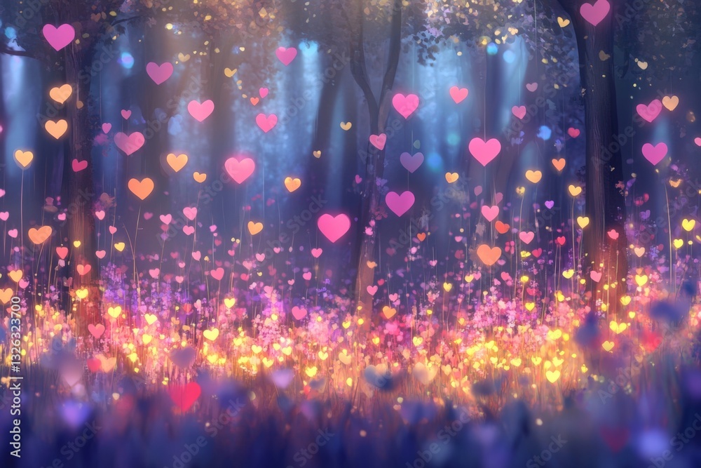 Obraz premium Colorful heart shapes illuminate a serene forest landscape during twilight hours