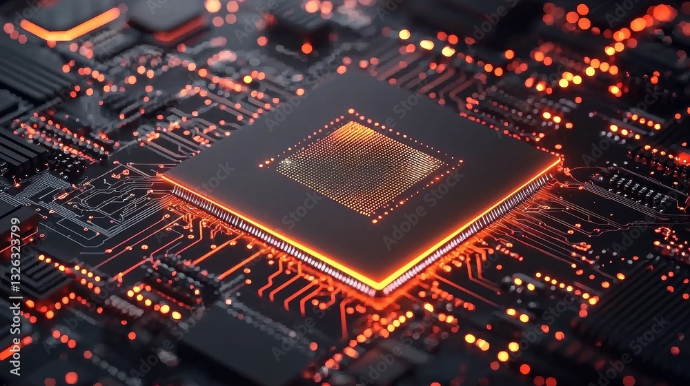 Futuristic Computer Chip with Glowing Circuit Board Details Futuristic Computer Chip with Glowing Circuit Board Details