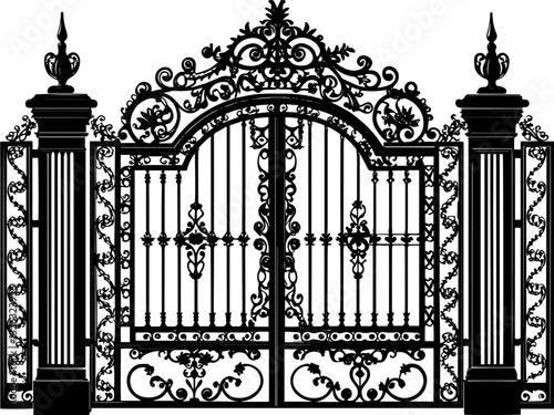SVG vector features wrought iron gates and gate pillar combinations. Elegant Ornate Iron Gate with Decorative Design Elements