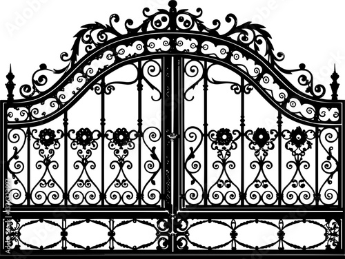 SVG vector features wrought iron gates and gate pillar combinations. Elegant Vintage Ornate Wrought Iron Gate Design Silhouette