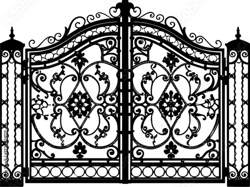 SVG vector features wrought iron gates and gate pillar combinations. Ornate Wrought Iron Gate with Intricate Floral Designs