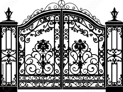 SVG vector features wrought iron gates and gate pillar combinations. Ornate Wrought Iron Gate with Decorative Floral Designs