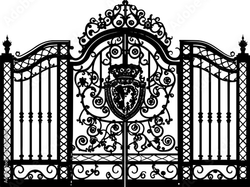 SVG vector features wrought iron gates and gate pillar combinations. Ornate Wrought Iron Gate Design with Intricate Patterns and Shapes