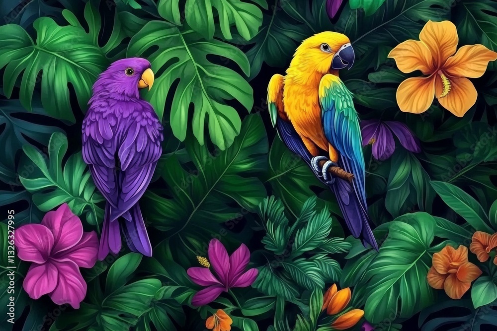 Obraz premium Colorful tropical parrots amidst vibrant foliage and flowers in a lush setting
