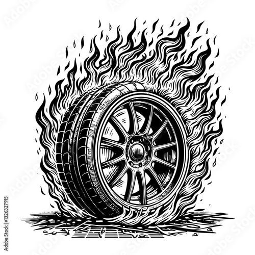 wheel burning on fire sketch engraving black and white outline. Scratch board imitation.  illustrated in vintage line art style on a white background.
