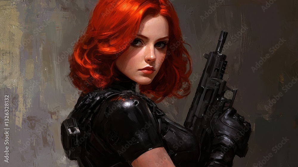 Dynamic Female Character with Red Hair and Tactical Gear in Action Dynamic Female Character with Red Hair and Tactical Gear in Action