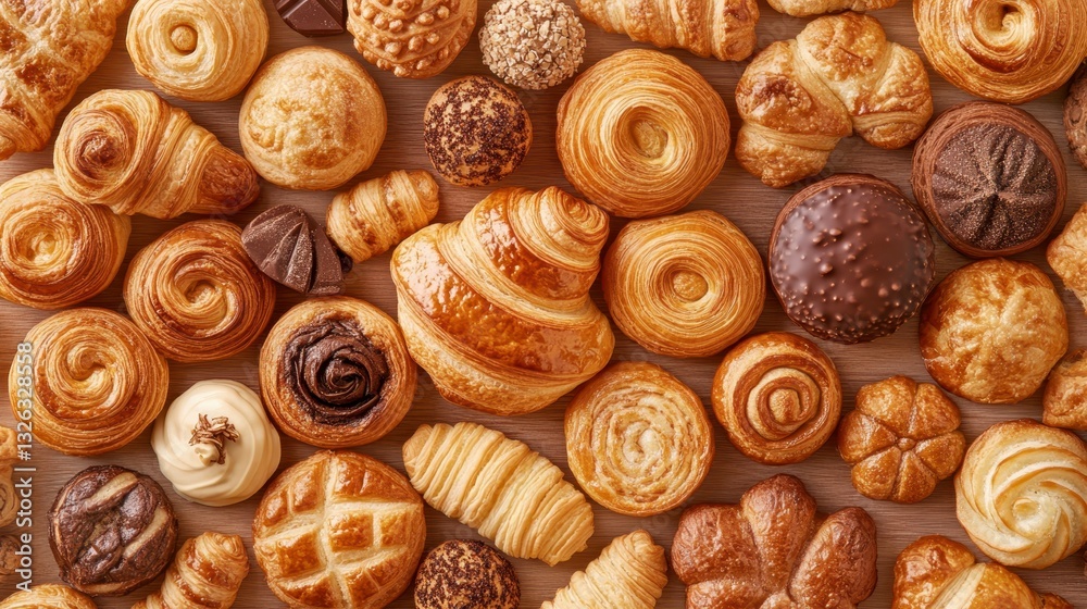 Sweet Temptations: An overhead arrangement showcasing an assortment of freshly baked pastries, including croissants, danishes, and buns, in various shapes and textures. Sweet Temptations: An overhead arrangement showcasing an assortment of freshly baked pastries, including croissants, danishes, and buns, in various shapes and textures.
