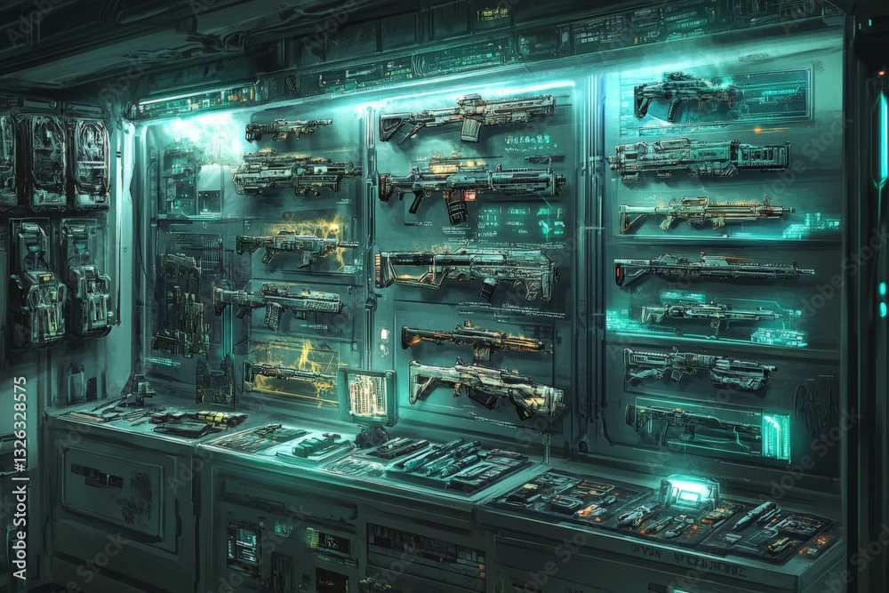 Collection of futuristic weapons displayed in a high-tech setting