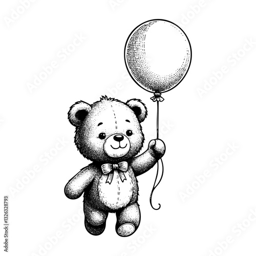 Teddy bear fly holding balloon sketch engraving black and white outline. Scratch board imitation.  illustrated in vintage line art style on a white background.
