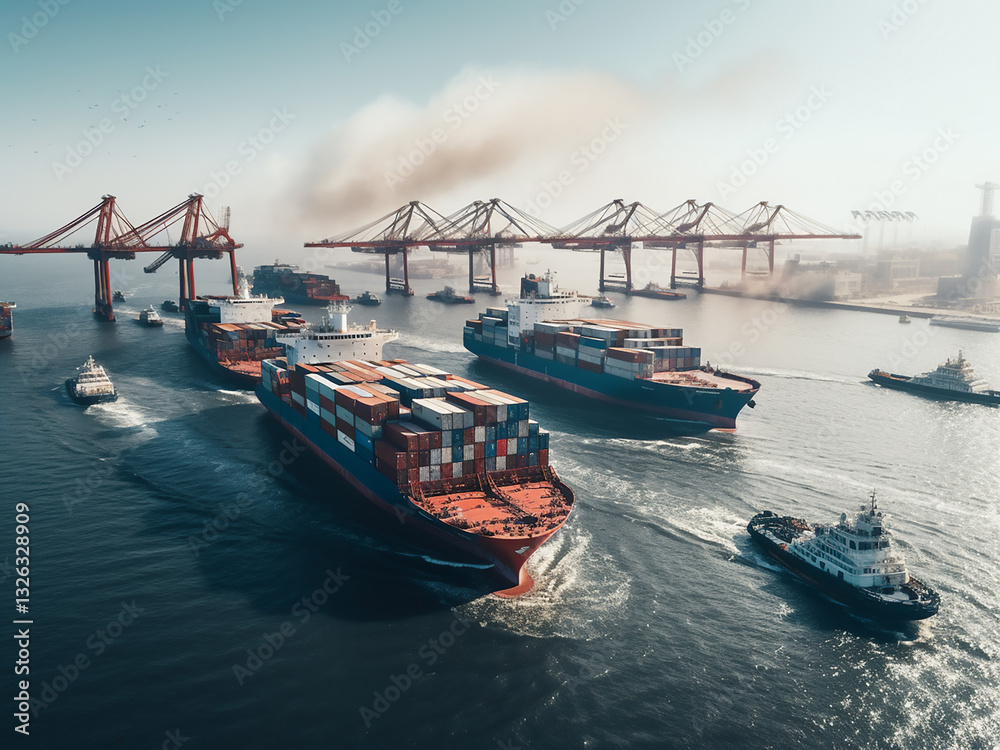 Obraz premium Coastal shipping lanes with vessels moving through large paths, crossing blue waters of commerce