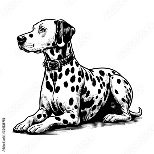 Dalmation sitting pose engraving black and white outline. Scratch board imitation.  illustrated in vintage line art style on a white background.