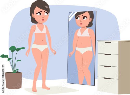 Young woman in underwear looking through mirror vector illustration. Person with body rejection problem, self hate, dissatisfaction with appearance