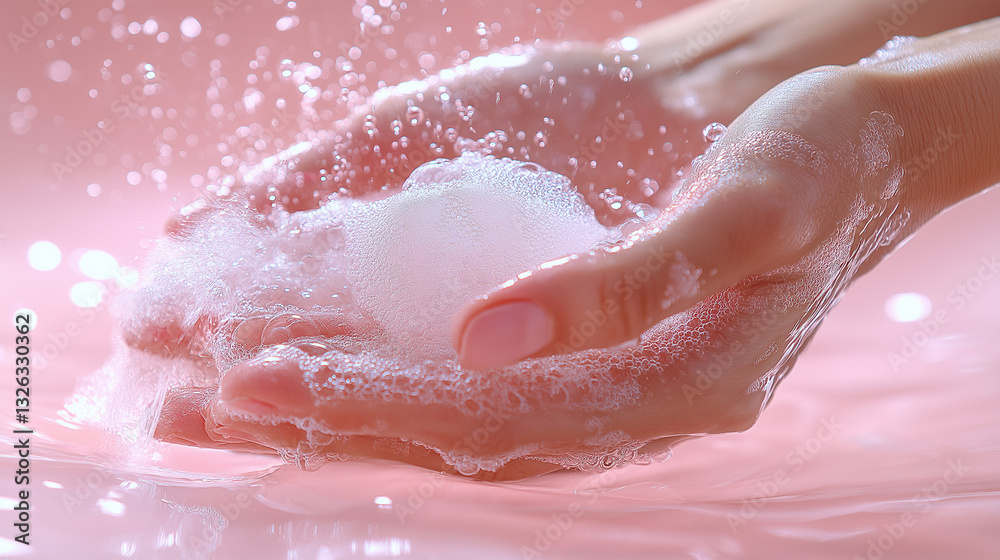 Fototapeta premium A woman actively washes her hands with soap, creating a rich lather. The vibrant colors create a lively atmosphere, emphasizing the importance of cleanliness and hygiene