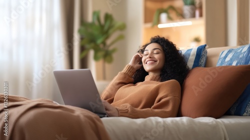 Relaxing woman working on laptop at home cozy living room lifestyle image bright environment comfortable viewpoint