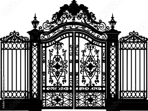 SVG vector features ornate wrought iron gates with gate pillar combinations. Ornate Metal Gate with Intricate Design and Decorative Elements