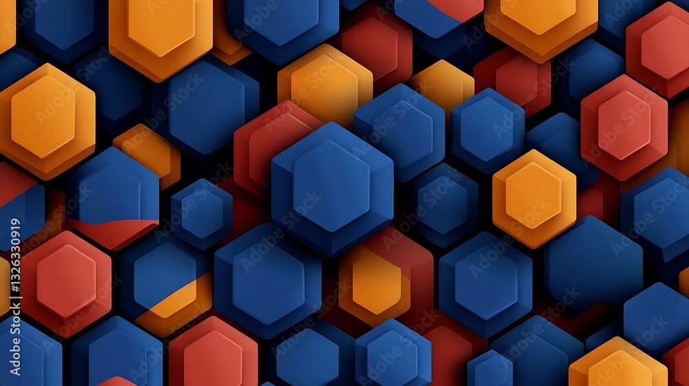 Abstract 3D Render: Interlocking Hexagons in Deep Blue, Orange, and Red AI Generated Abstract 3D Render: Interlocking Hexagons in Deep Blue, Orange, and Red AI Generated