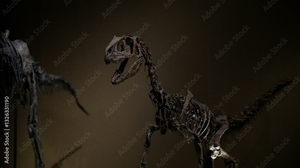 Aufnahme in slow motion eines Raptors Skelett. Dino, Dinosaurier