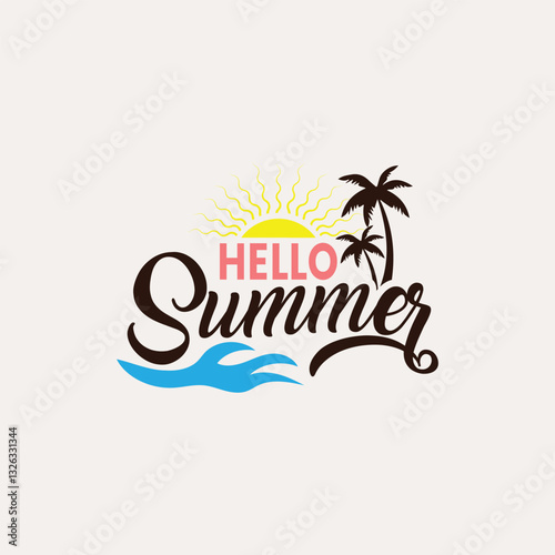 Hello Summer lettering vector illustration with sun. Summer label, tag, logo, hand drawn lettering for summer holiday, t-shirt, travel, beach vacation. Summer days typography banner, poster.