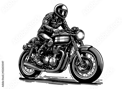 Man riding motorbike sketch engraving black and white outline. Scratch board imitation.  illustrated in vintage line art style on a white background.