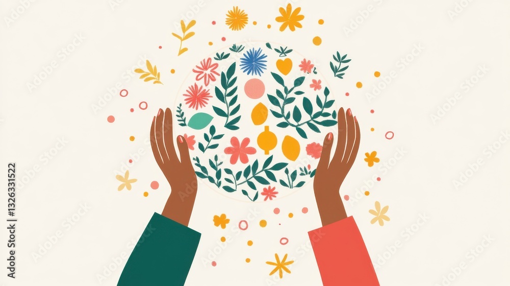 Fototapeta premium Hands Gently Holding a Colorful Floral Circle