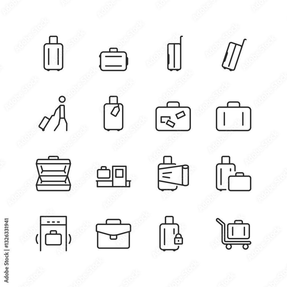 Luggage and Travel, linear style icons set. Suitcase and bag, rolling luggage, carry-ons, briefcases, baggage claim, security checks, and packing. Editable stroke width Luggage and Travel, linear style icons set. Suitcase and bag, rolling luggage, carry-ons, briefcases, baggage claim, security checks, and packing. Editable stroke width