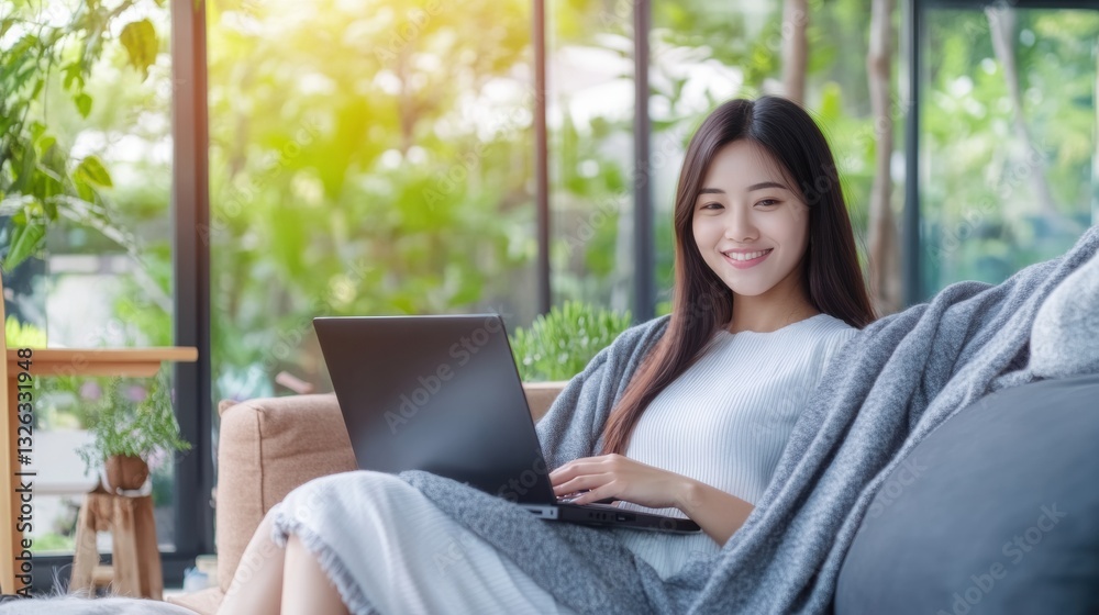 Working woman smiling with laptop in cozy living room indoor scene natural light relaxed atmosphere Working woman smiling with laptop in cozy living room indoor scene natural light relaxed atmosphere