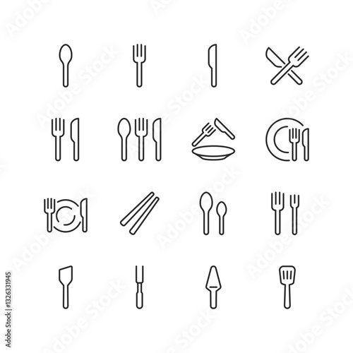 Cutlery and Dining, linear style icons set. Spoons, forks, knives, chopsticks, plates, and dining arrangements. For restaurant menus, food app, kitchen. Editable stroke width