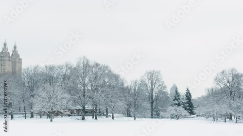 Establishing shot of New York City Central Park with winter snow on overcast day