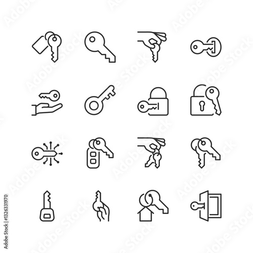 Key and Lock, linear style icons set. Key usage, handing, inserting into locks, security-related symbols. Security, ownership, and real estate concepts. Editable stroke width