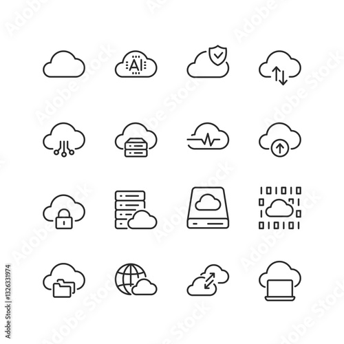 Cloud Computing and Data Storage, linear style icons set. Cloud storage, AI, security, data synchronization, cloud networking, computing, service. Editable stroke width