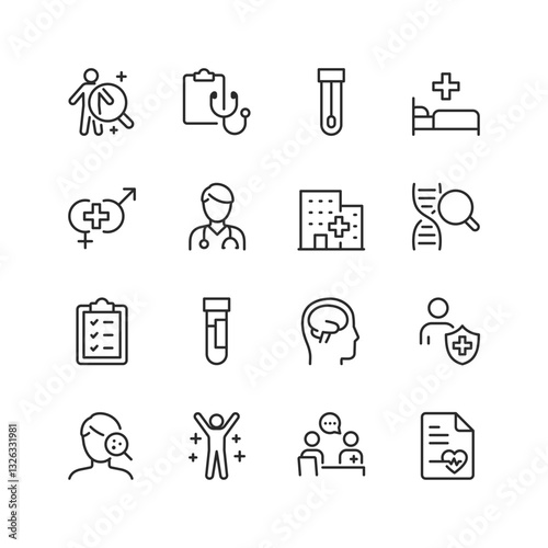 Medical and healthcare check-up, linear style icons set. Doctor, hospital, medical check-up, lab test, DNA analysis, patient care, and health insurance. Medical services. Editable stroke width
